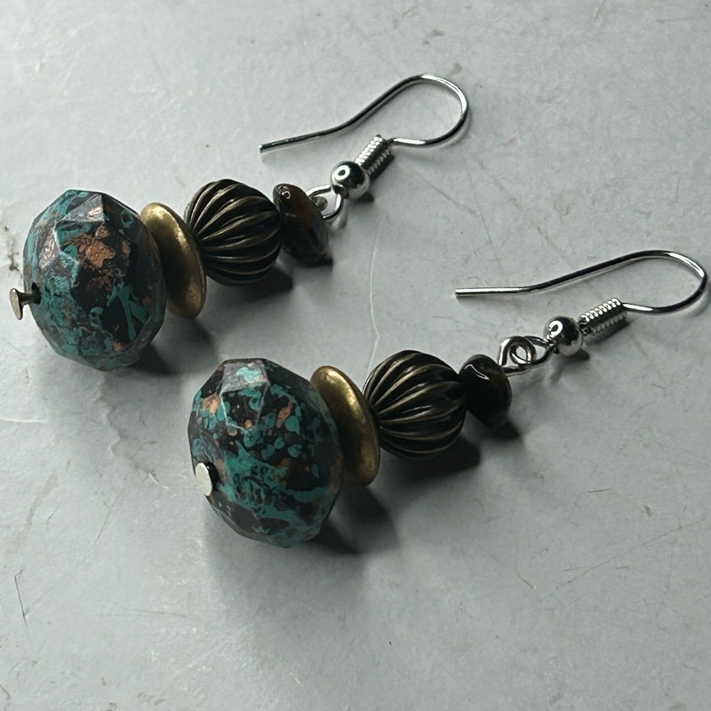 Turquoise Rustic Bronze Bead Earrings – Boho Statement Healing Jewelry